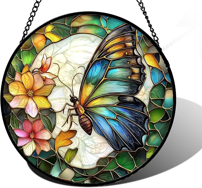 DASTOLL Stained Glass Window Hanging, Butterfly Flower Sun Catchers Diamond Glass Panel Hangings Insect Suncatcher Decor for Birthday for Women, Men, Wife, Aunt, and Mom 7.8 in
