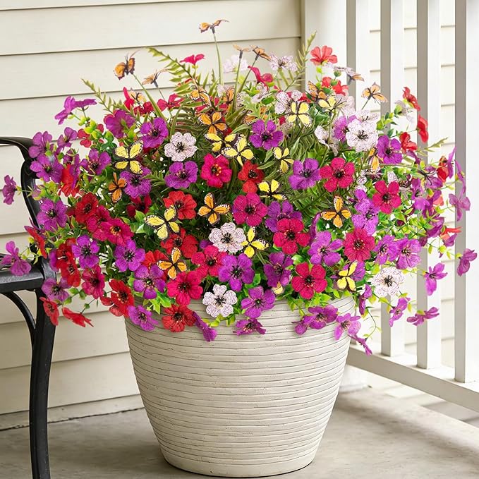 Artificial Fake Flowers for Outdoor Porch Planters Boxes Decoration,12 Bundles Outdoor Faux Fern Plants with Butterfly,UV Resistant Greenery Yard Patio Garden Decor