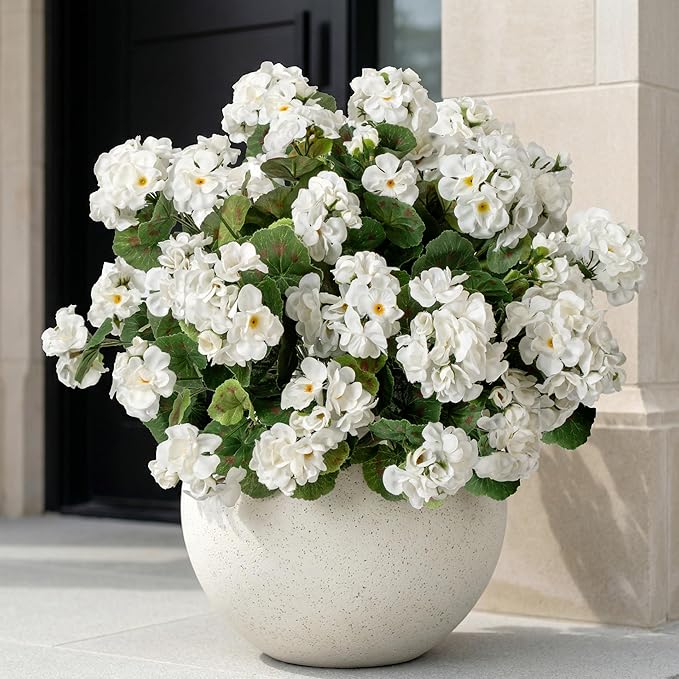 Uqueeten Artificial Flowers for Outdoors Artificial Geranium,Fake Flower White Geranium Artificial Plant Home Decor,Silk Geraniums Realistic Outdoor Flower Fake Plant Decoration 14.4" (White) 8PCS