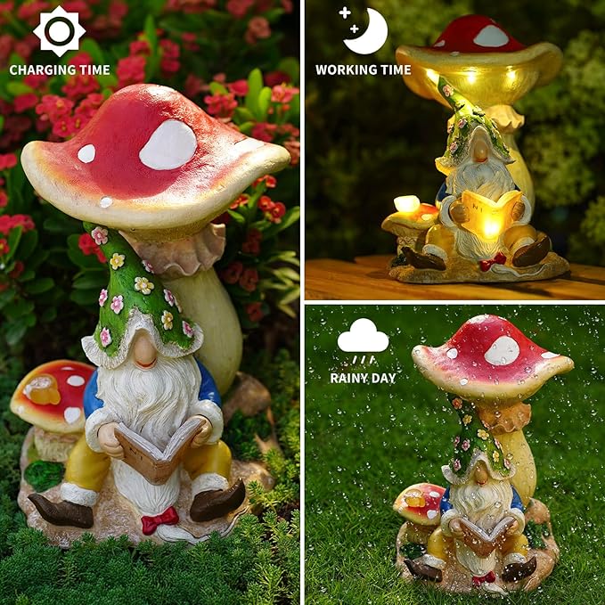 Upgraded Size Solar Garden Outdoor Statues Gnome Reading Under Mushroom with 5 LED Lawn Decor Outside Decorations for Patio, Balcony, Yard Ornament Unique Garden Gift