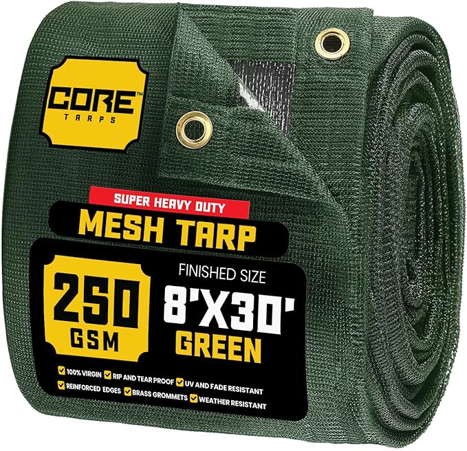 Core Tarps 60% Green Shade Cloth with Grommets - 8 X 30 FT Heavy Duty Mesh Tarp - Sun Shade Cloth for Garden Vegetables Plants Greenhouse Outdoors Backyard Fences Dump Trucks Patio Mesh Shade Tarp