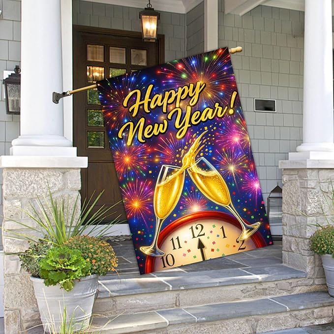 Happy New Year House Flag 28x40 Inch Champagne Glasses Fireworks and Clock Design Garden Flag Colorful Outdoor Yard Decoration Holiday Celebration Banner for Home Porch Lawn