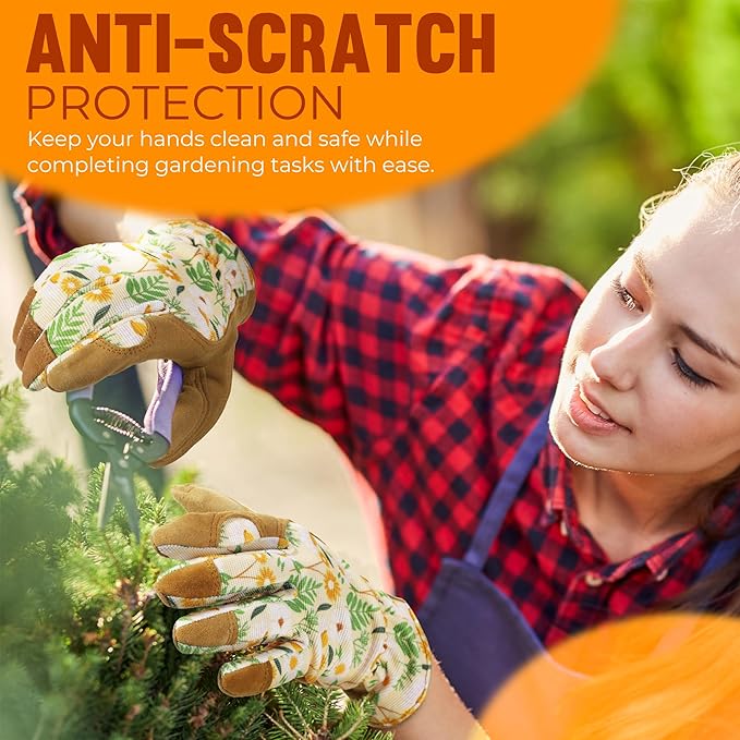 HANDLANDY Work Gloves for Women, Breathable Leather Gardening Glove for Yard Maintenance, Hand Protection with Touch Screen for Gardeners, Farmers