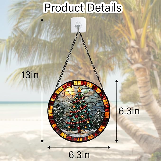 Stained Glass Window Hanging - Winter Christmas Tree Suncatcher Ready to Hang Window Doors Home Decoration, Christmas, Mother's Day Birthday Gifts for Women, Men, and Mom 6.3x6.3 in