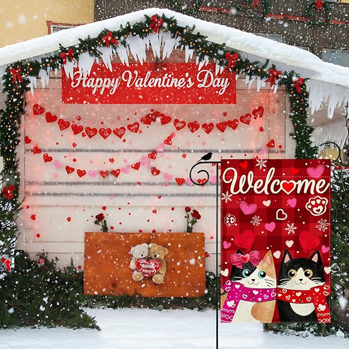 Welcome Valentine’s Day Garden Flag Romantic Love Heart Couple Cats Paw Yard Flag 12x18 Inch Double Sided Small Mini Yard Outdoor Outside Holiday Decoration