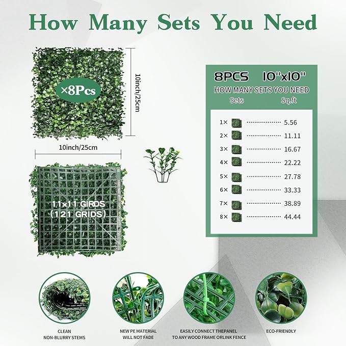 Skloopearg Artificial Grass Wall Panels, 8 PCS 10"x10" Boxwood Hedge Wall Panels with 100 Zip Ties, Boxwood Panels Backdrop for Outdoor Indoor Decorative Garden Fences Backyard Patio Privacy Hedge