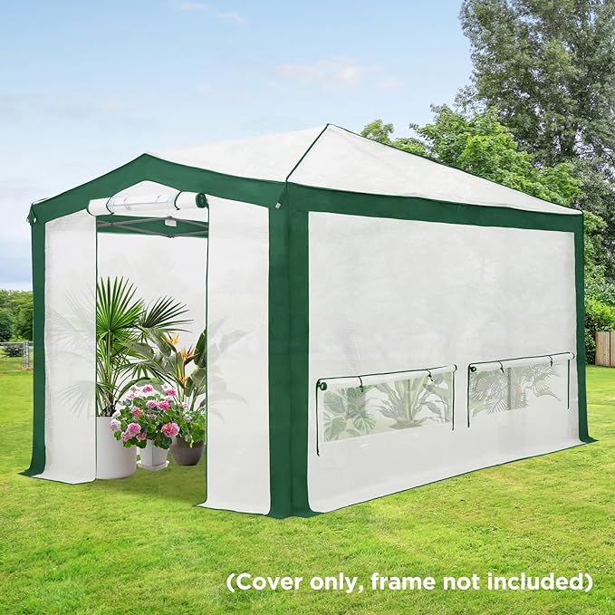 EAGLE PEAK Replacement Cover for 12x8 Pop up Greenhouse with Polyester Reinforced Corners, Front and Rear Roll-Up Zipper Entry Doors and 4 Roll-Up Side Windows (Frame Not Included), Green/White