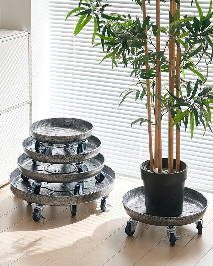 Choclaif Plant Caddy with Wheels,3 Pack Silver Heavy Duty Plant Stand with Universal Wheels,Round Pot Trolley for Indoor Outdoor 12inch