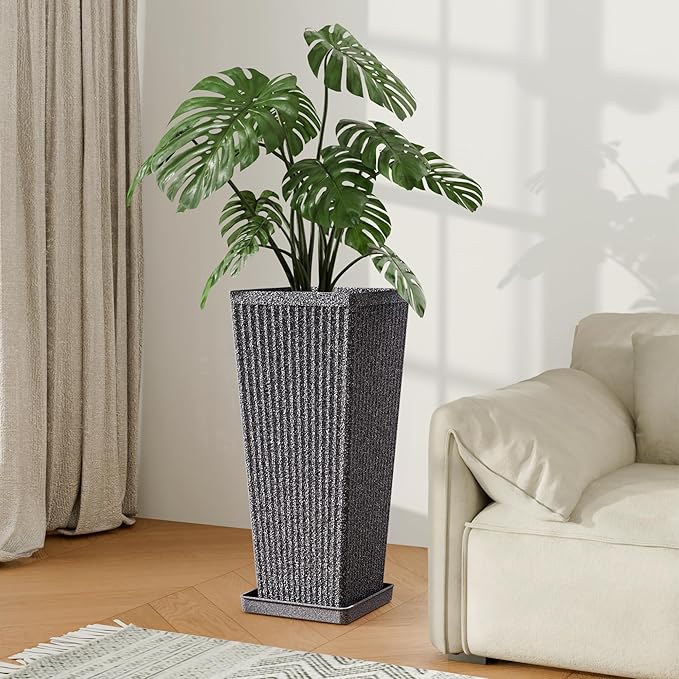 Trygoal Square Tall Planters for Outdoor Plants Set of 2-23.6" Heavy-Duty Classic Tapered Indoor Flower Pots with Drainage Holes/Partition/Tray, Large Outdoor Planters for Porch Patio Garden, Grey