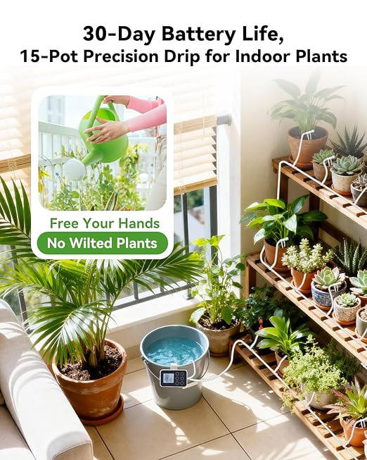 BAOSHISHAN Automatic Plant Waterer Indoor with Upgraded 2-in-1 Spray&Drip Emitter, Vacation Plant Watering Device with Programmable Timer, Indoor Plant Watering System for 15 Plants, Balcony Patio Use