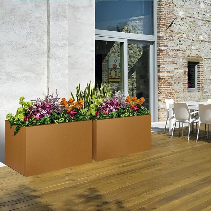 Meyoppm Corten Steel Planter Box 28"x12"x28", Rustic Metal Planter with Partitions & Drainage Holes, Frost Rust Resistant Heavy Duty Planter for Patio Garden Indoor Outdoor Commercial Decor