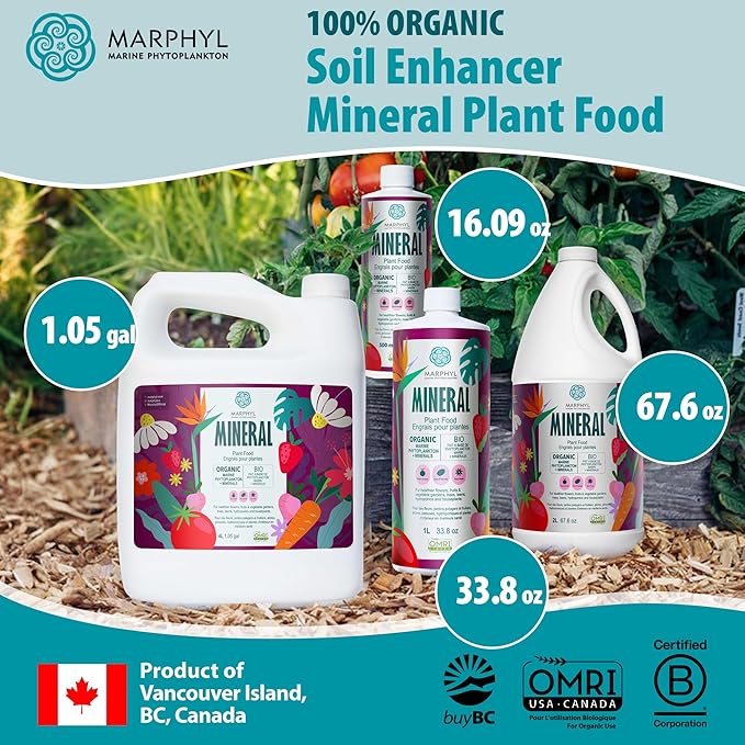 MARPHYL Organic Minerals Liquid Fertilizer, Rich Blend of Essential Minerals for Garden, Flowers, Vegetables, Succulents, Bamboo, Hydroponics 1.05 gal