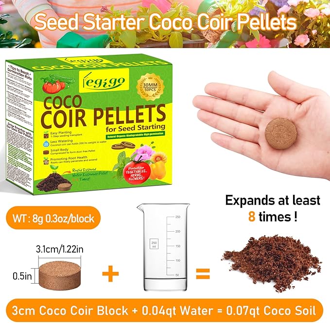 Legigo 50 Pcs 30mm Coco Coir Pellets Seed Starter Soil Mix- Organic Coconut Coir Potting Soil Pods for Seedling, Coco Peat Soil Discs for Indoor & Outdoor Plants Bonsai Herbs Vegetables and Flowers