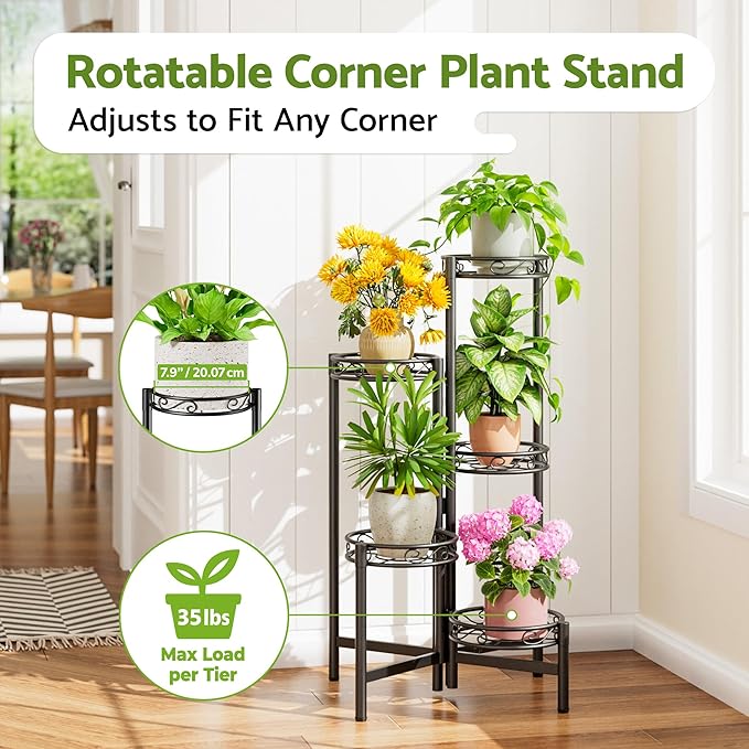 NQW Metal Plant Stand Indoor Outdoor, 5 Tier 5 Potted Multiple Plant Shelf Stands, Wrought Iron Flower Holder Shelf, Folding Tall Rack Shelf for Patio, Balcony, Corner Living Room - BlackCircle