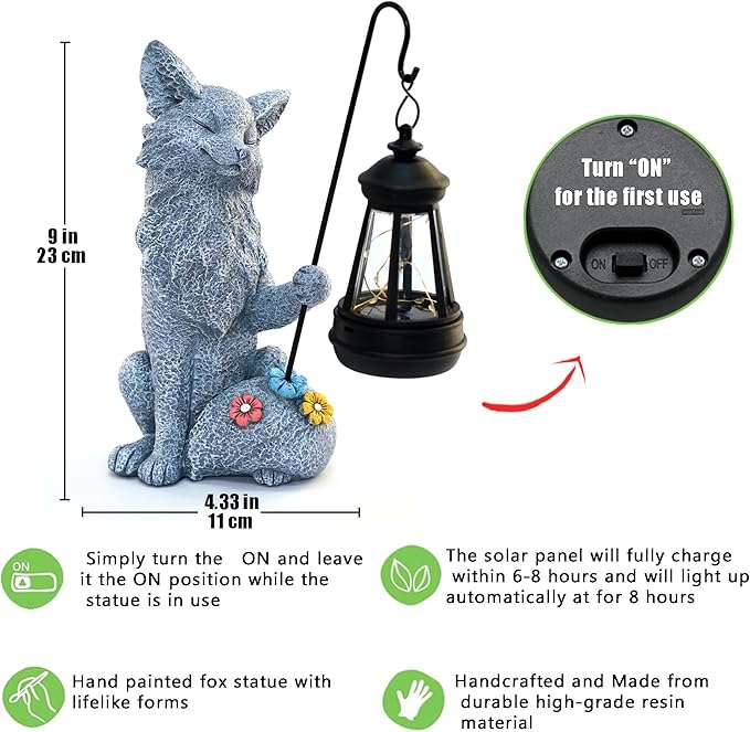 Fox Statue for Garden Decor, Garden Statue with Solar Power Light for Outdoor Patio Porch Lawn Yard Backyard Oudside Indoor Shelf Decoration,Praying Fox Sculptures Gifts for Mom Grandma
