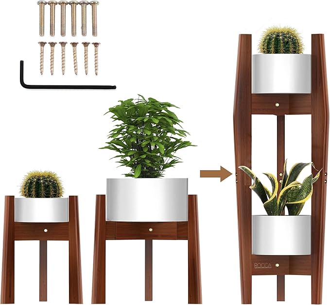 ROCCA 2-Tier Adjustable Width 8" to 12" Stackable Bamboo Tall Plant Stand Indoor, Corner Wood Plant Stand, Wooden Plants Holder, Plants Stands Indoor, Modern Pedestal Tables for Multiple Pots