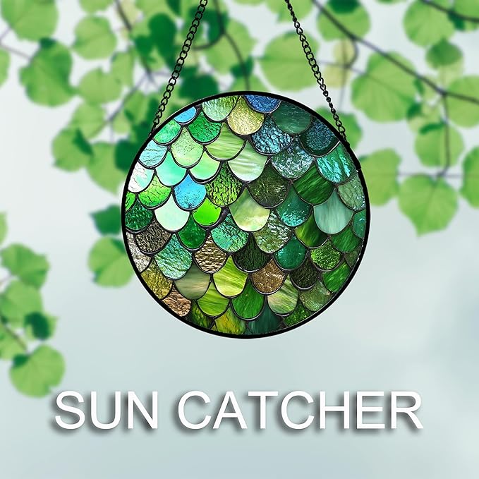 QZQCBLC Stained Glass Window Hanging Green Abstract Texture 9.8" - Marine Suncatcher Door Garden Sun Catcher Home Decor Birthday Christmas for Mom Men Woman Wife Friend