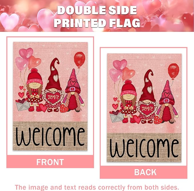 Welcome Valentines Day Gnomes House Flag 28x40 Inch Double Sided Outside Red Balloon for Outdoor Farmhouse Anniversary Holiday Yard Valentine Decoration FF-225