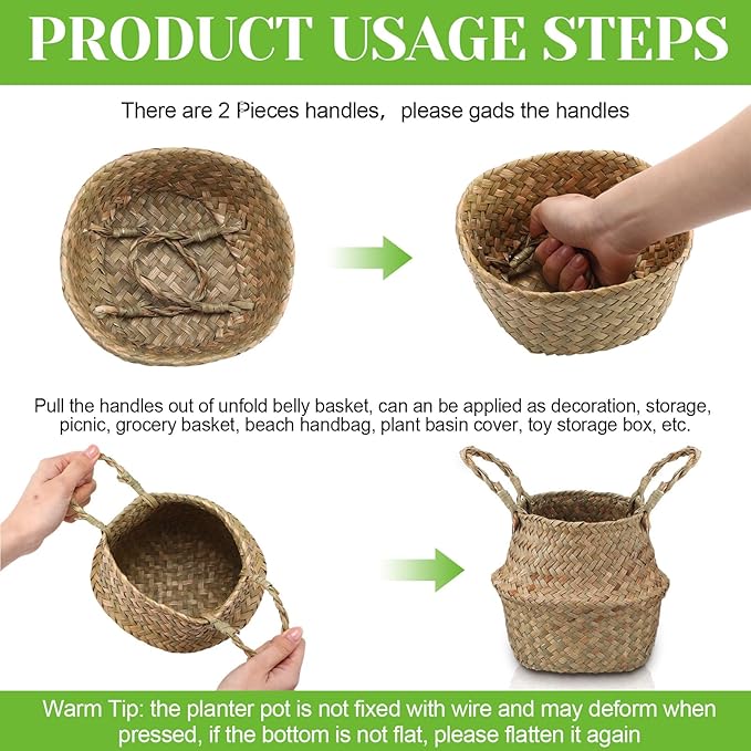 Qunclay 4 Pcs Woven Seagrass Baskets Belly Basket Folding Boho Natural Plant Pot with Handles Round Decorative Wicker Large Indoor Planter for Home Outdoor Tree Planters Decor (XXS,6.3''dx5.5''h)