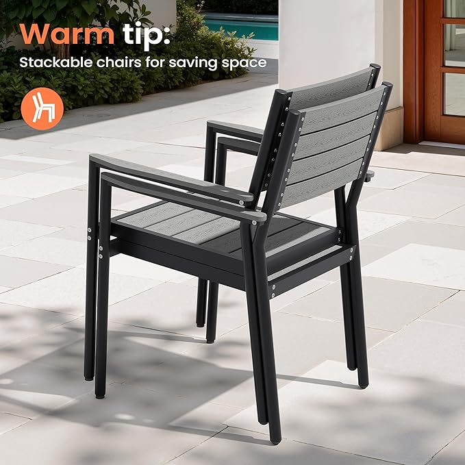 Pellebant Stackable Outdoor Dining Chairs Set of 4, Aluminum Patio Chairs with Arms, All-Weather for Garden, Lawn, Deck, Porch and Yard, Grey
