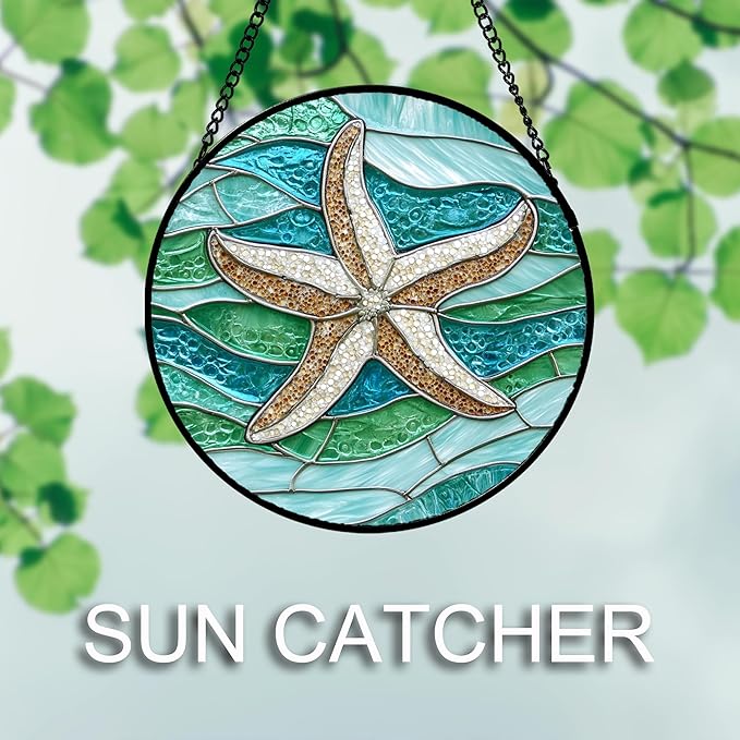 DASTOLL Stained Glass Window Hanging Teal Sea Waves Starfish Large 15" - Suncatcher Door Garden Sun Catcher Home Decor Birthday Mother's Day for Mom Men Woman Parents Her Child Nana