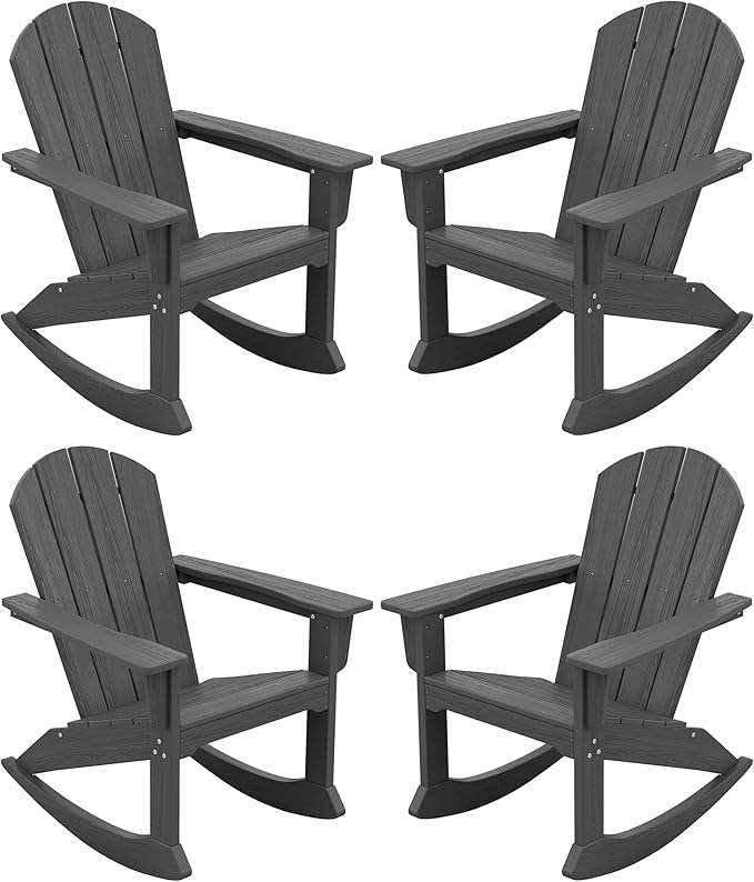 SERWALL Outdoor Adirondack Rocking Chairs Set of 4, All-Weather HDPE Adirondack Rocker Chair, Front Porch Rocker Chairs for Patio Lawn Porch Deck, Grey