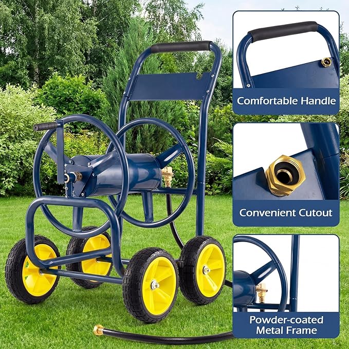 Garden Hose Reel Cart, Mobile Water Hose Cart with Heavy-duty Metal Frame & 4 Solid Wheels, Hold up to 330 ft of 5/8" Hoses, Outdoor Planting Tool for Lawn & Backyard (Navy Blue)