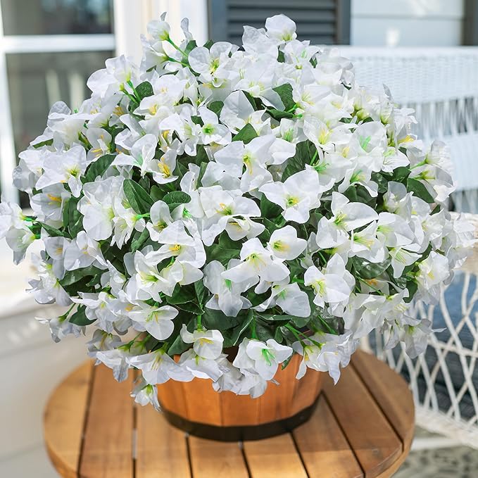 Artificial Bougainvillea Flowers for Outdoors Fake Plants, 4 Bundles White Fake Spring Flowers Silk UV Resistant Look Real Faux Flowers for Outdoor Planters Porch Patio Window Garden Outside Decor