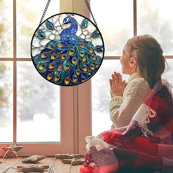 AMDERVEN Stained Glass Window Hanging - Peacock Blue Gold Feathers Sun Catcher for Door Garden Home Decor Bird Suncatcher Christmas Mother's Day Birthday Gifts for Women Men Mom Nana 6.3 in