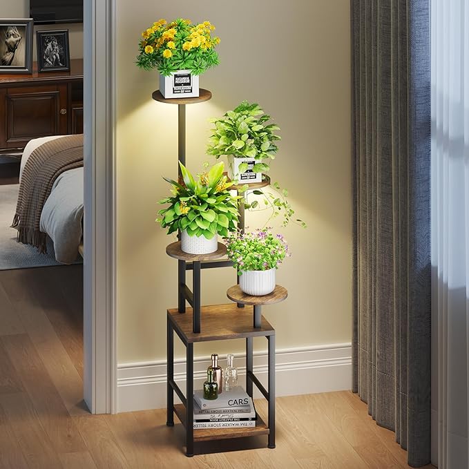 Round Plant Stand Indoor with Grow Light, 5-Tiered Tall Plant Stand Indoor, Metal Plant Shelf with Adjustable Light, Ideal for Living Room, Garden, Patio (Black Brown)