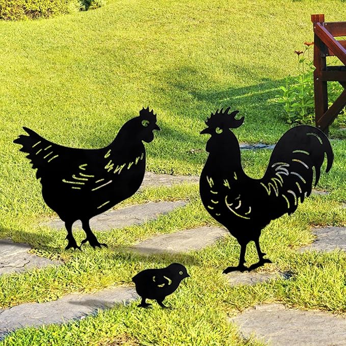TT & MM Christmas Chicken Gifts for Women/Men,Metal Chicken Yard Decor 3 Pcs Rooster Decorations Garden Stakes,Hen/Chicks Silhouette Statues for Yard Art,Backyard,Patio,Lawn,Outdoor Decor