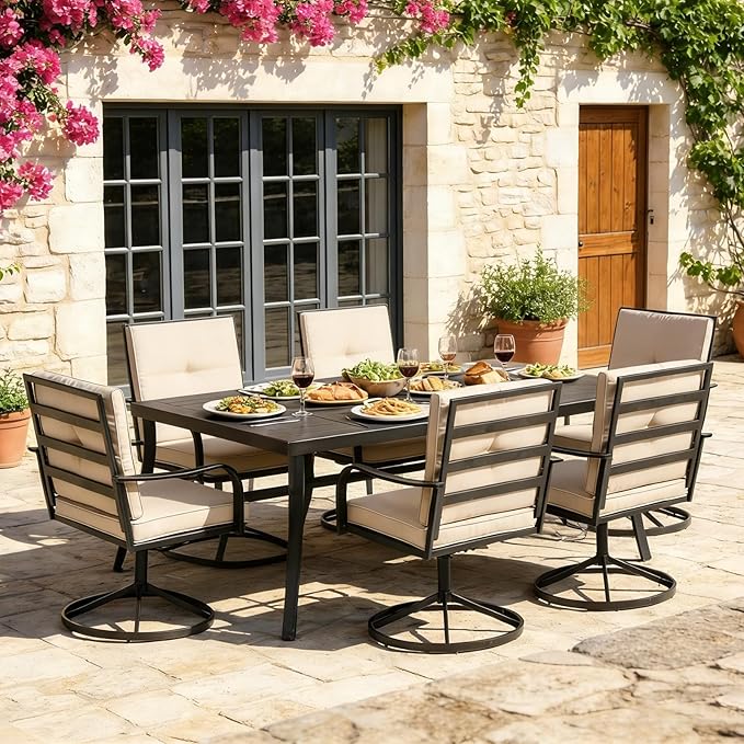 Patio Swivel Chairs Set of 6, Heavy Duty Outdoor Swivel Dining Chairs with Thickened Cushions, All Weather Metal Patio Chair for Outside Garden Lawn Porch, Beige