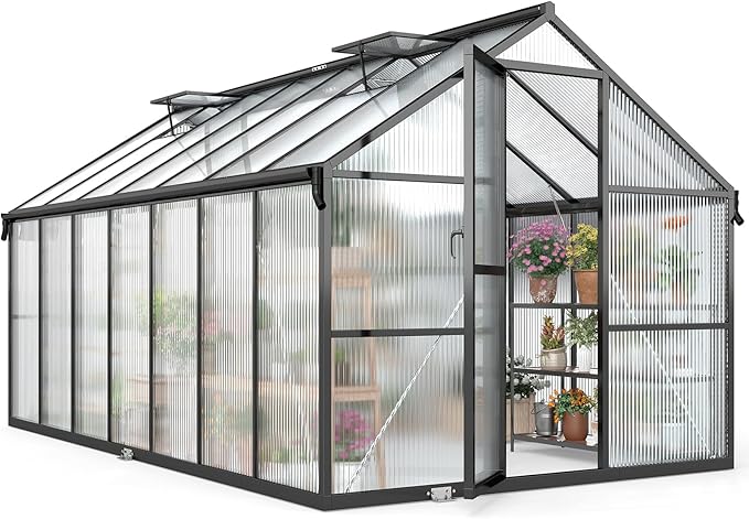 8x14FT Greenhouse for Outdoors, Galvanized Steel Frame Winter Green House w/ Adjustable Roof Vent, Lockable Door Handle &DrainageSystem, Walk-in Greenhouses for Outside Garden Backyard