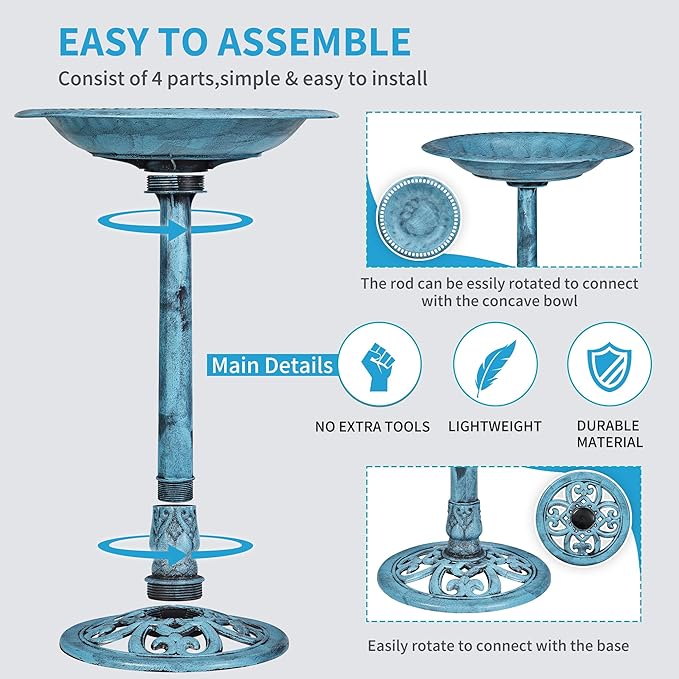 VECELO 28" Pedestal Outdoor Bird Bath with Solar Powered Fountain for Outside, Vintage Bronze Polyresin Lightweight Antique, Yard/Garden Decoration, Blue