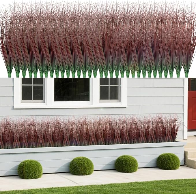 LUZOGA 100Pcs Artificial Grass Plants, Faux Shrubs Wheat Grass, Artificial Tall Grasses Fake Plants for Outdoor Decor,Artificial Greenery Stems Weed for Room Indoor Home Decor（Red）