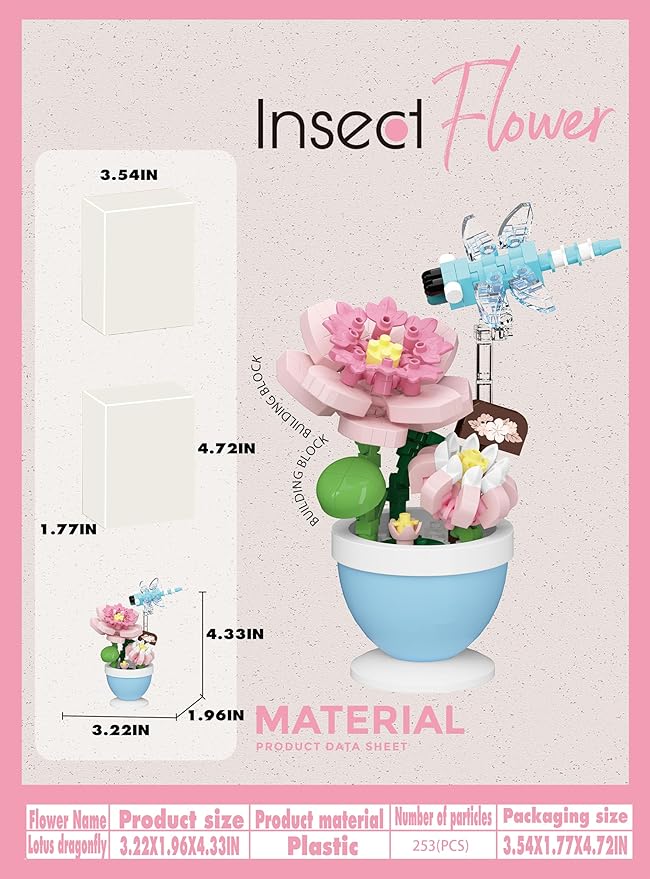 Sacblirr Mini Flower Bonsai with Cute Insects Lotus Dragonfly - DIY Potted Plant Building Blocks for Kids and Adults, Botanical Collection Decor Toy