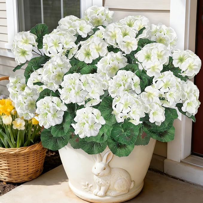 Artificial Geranium Flowers for Outdoors, 6 Bundles Realistic Silk Fake Geranium, No Fade Faux Plants for Hanging Baskets, Window Boxes, Pots - Porch, Patio, Balcony Decor(White)