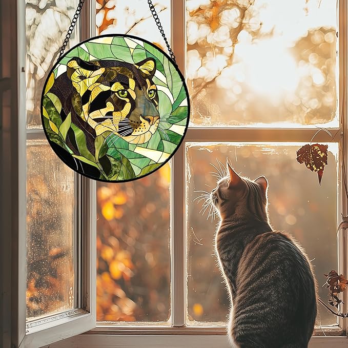 DASTOLL Stained Glass Window Hanging 4 Pcs Set Green Plants Animals Theme 7.8" - Bird Tiger Suncatcher Door Garden Sun Catcher Decor Birthday for Mom Woman Nana Men Friend