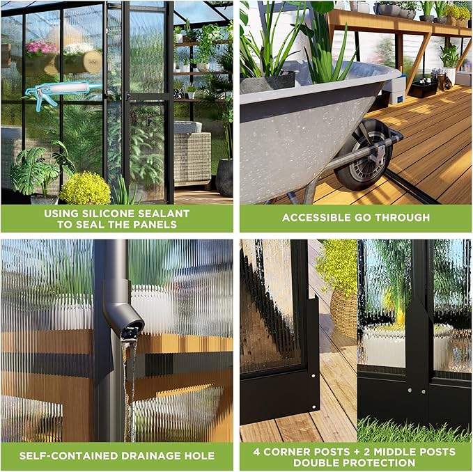 HOWE 8x10x7.5 FT Polycarbonate Greenhouse Double Swing Doors 2 Vents 5.2FT Added Wall Height, Walk-in Large Aluminum Sunroom Winter Greenhouse for Outdoors, Black