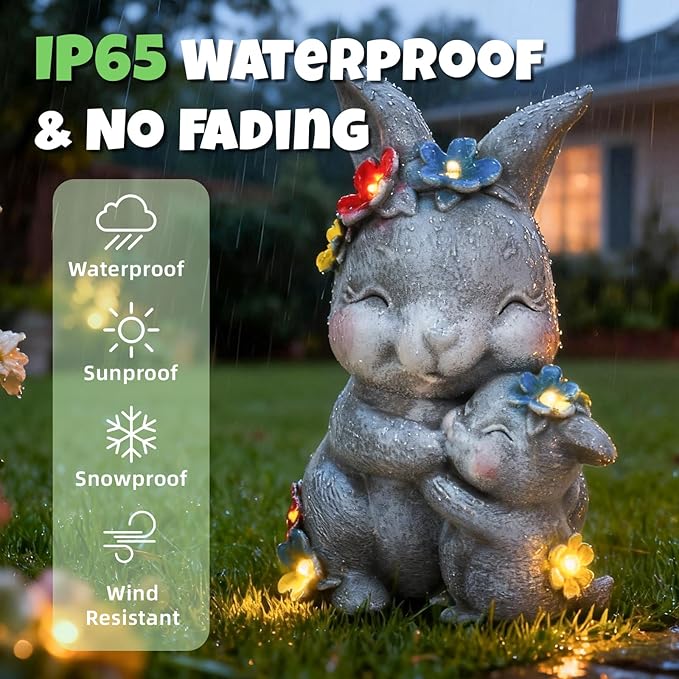 Komothala Solar Garden Statue Light, Resin Rabbit Figurine with Flowers Outdoor Decor for Patio, Lawn, Yard, Housewarming Birthday Gifts Gift for Bunny Lovers, Mom, Grandma, Women (Grey Rabbit)