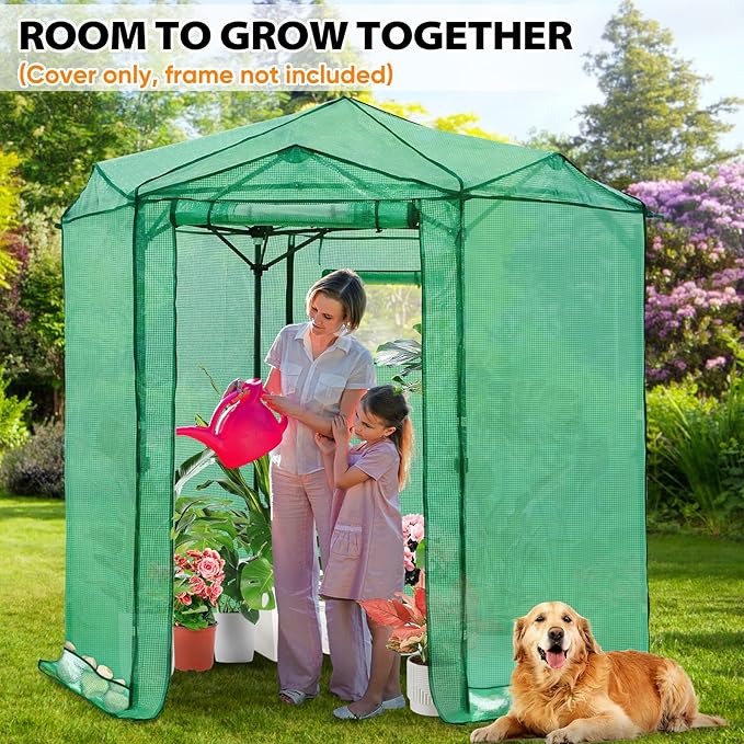 EAGLE PEAK Replacement Cover for 6.6x6.6 ft Hexagon Pop up Greenhouse, Front and Rear Roll-Up Zipper Entry Doors and 2 Roll-Up Side Windows (Frame Not Included), Green