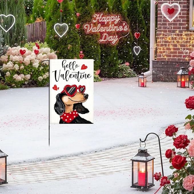 Hello Valentines Garden Flags 12x18 Inch Double Sided, Dachshund Dog with Love Sunglass Heart Small Seasonal Decoration for Holiday Anniversary Wedding Yard Outside Outdoor