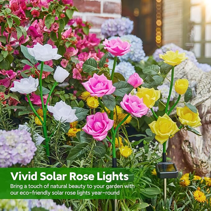 RECHOO Solar Garden Lights Outdoor Decorative, 3 Pack Solar Flower Lights with 15 Rose Flowers, Multi-Color Changing LED Waterproof Garden Decor for Landscape Pathway, Valentine's Day Gifts for Women