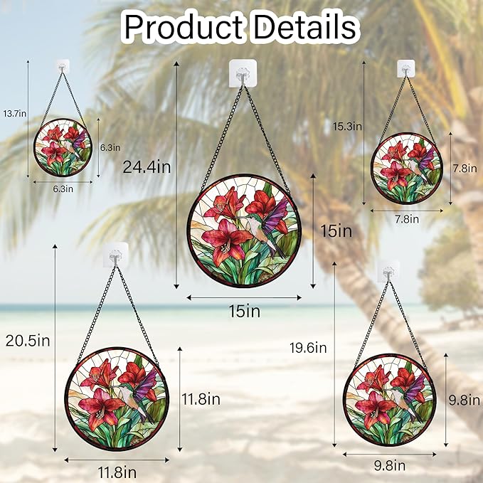 AMDERVEN Stained Glass Window Hanging - Hummingbird On Red Lily Flower Sun Catcher for Door Garden Decor Suncatcher Christmas Mother's Day Birthday Gifts for Bird Lovers Women Men Mom Nana 7.8 in