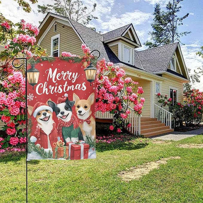 Christmas Dogs Garden Flag 12x18 Inch Double Sided All-Weather Polyester Outdoor Flag For Patio Lawn Yard And Garden Welcome Decor