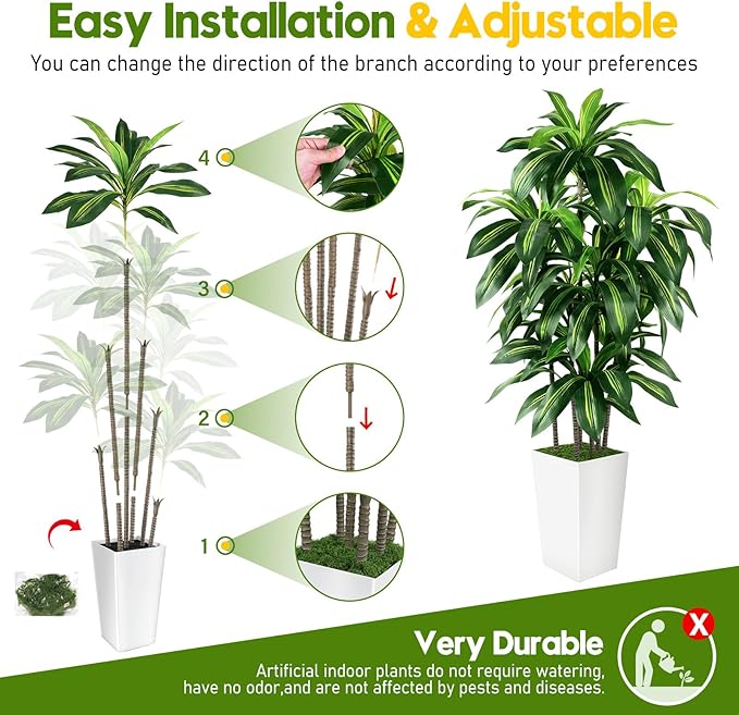 Artificial Dracaena Tree Indoor, 5FT Tall Fake Tree with White Tall Planter, Artificial Tree Fake Yucca Potted Tree for Home Office Living Room Decor, Tall Artificial Plant for Housewarming