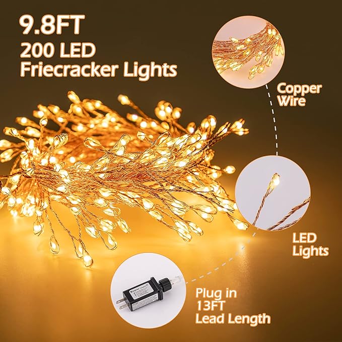 Minetom Fairy Lights Plug in, 10Feet 200 Led Cluster Lights Waterproof Starry String Lights for Ceiling Bedroom Wreath Window Wedding Christmas Tree Ramadan Decorations, Warm White