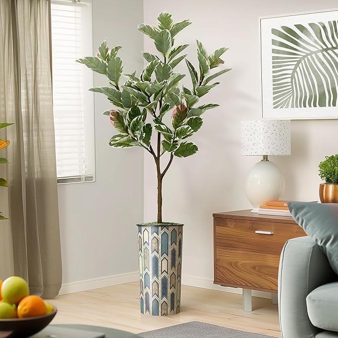 Artificial Tree in Modern Polygon Pattern Effect Planter, Fake Rubber Silk TRE for Indoor and Outdoor Home Decoration - 70" Overall Tall (Plant Pot Plus Tree)