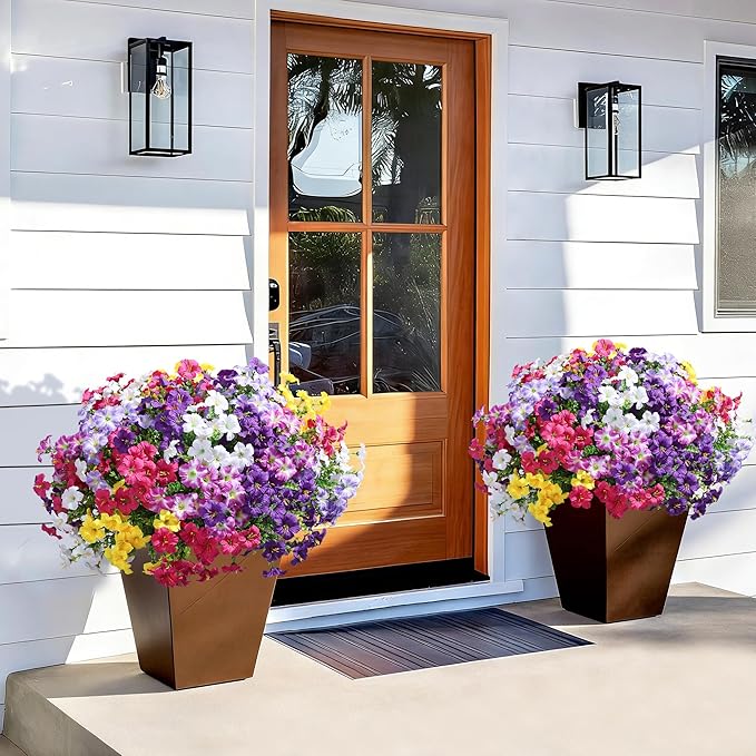 Artificial Flowers for Outdoors Fake Plants Outside Decoration, 20 Bundles Silk Petunia with Eucalyptus UV Resistant Realistic Faux Flowers for Outdoor Planters Garden Balcony Yard Porch Patio, Mix