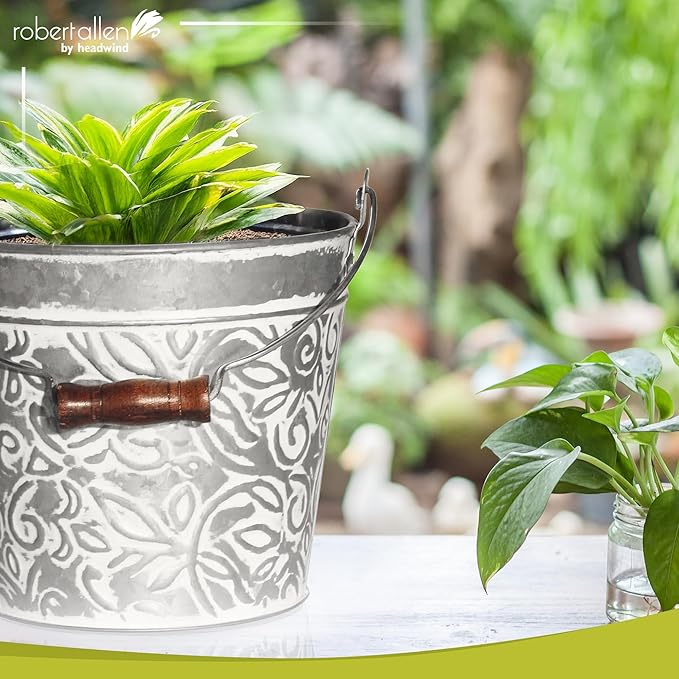 Headwind Vintage Collection - Floral Galvanized Planter with Handles – 12 Inch Flower Pots Decorative Plant Indoor – Plant Pots Indoor with Drainage by Robert Allen